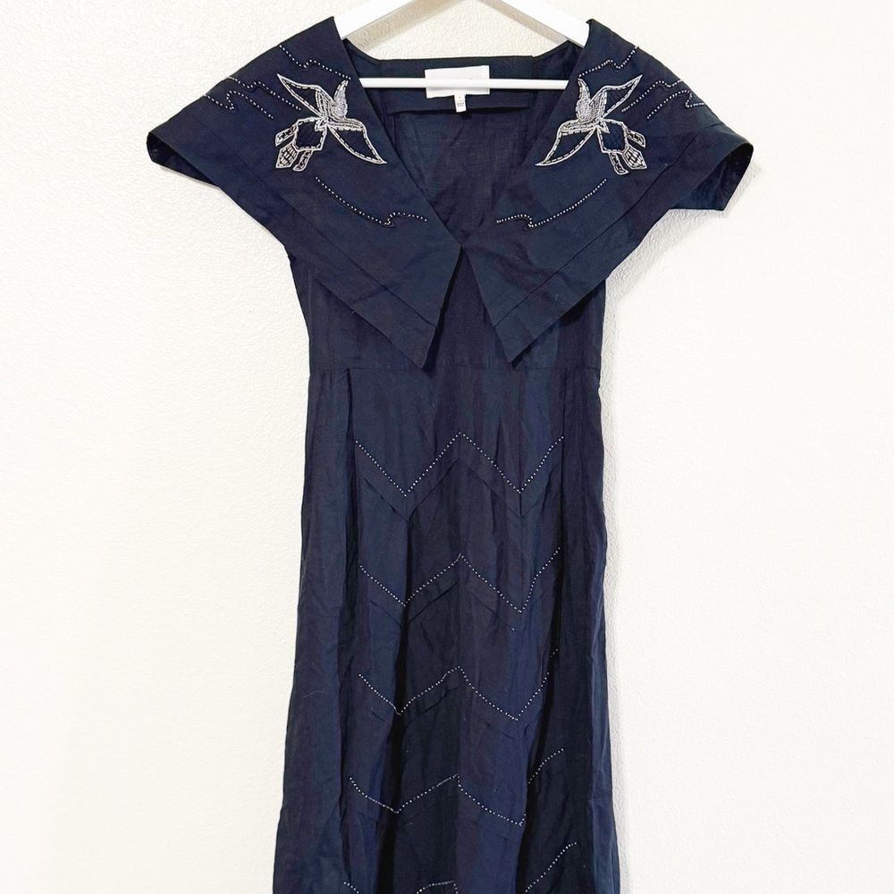 THE GREAT Beaded Partridge Black/Navy Blue Embellished Bird Midi Dress Size XS - Picture 13 of 14
